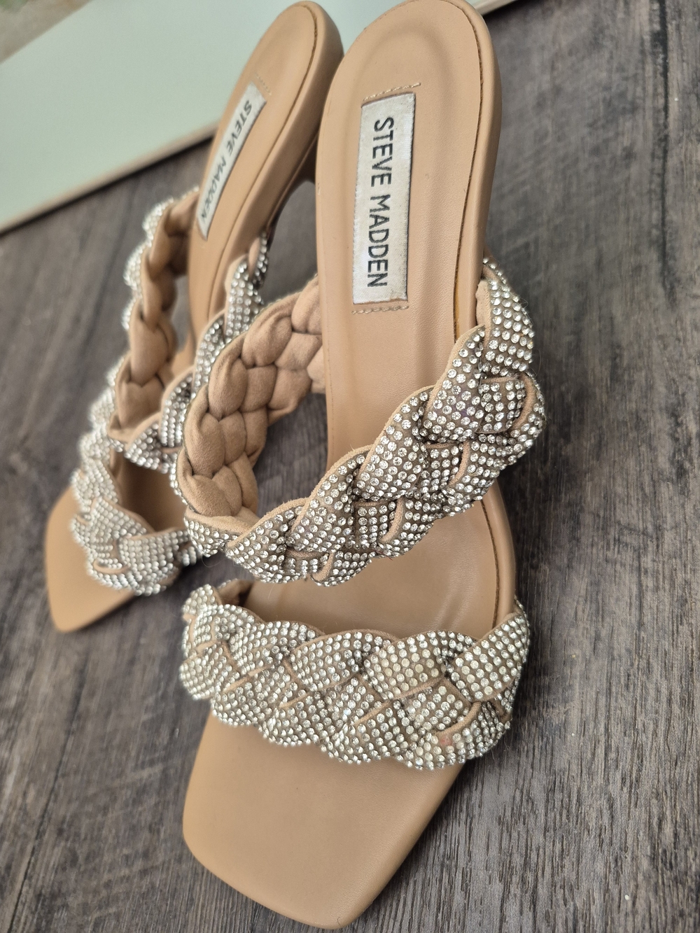 Steve Madden Beige Braided Crystal Strap Slide Heels - Picture 4 of 12